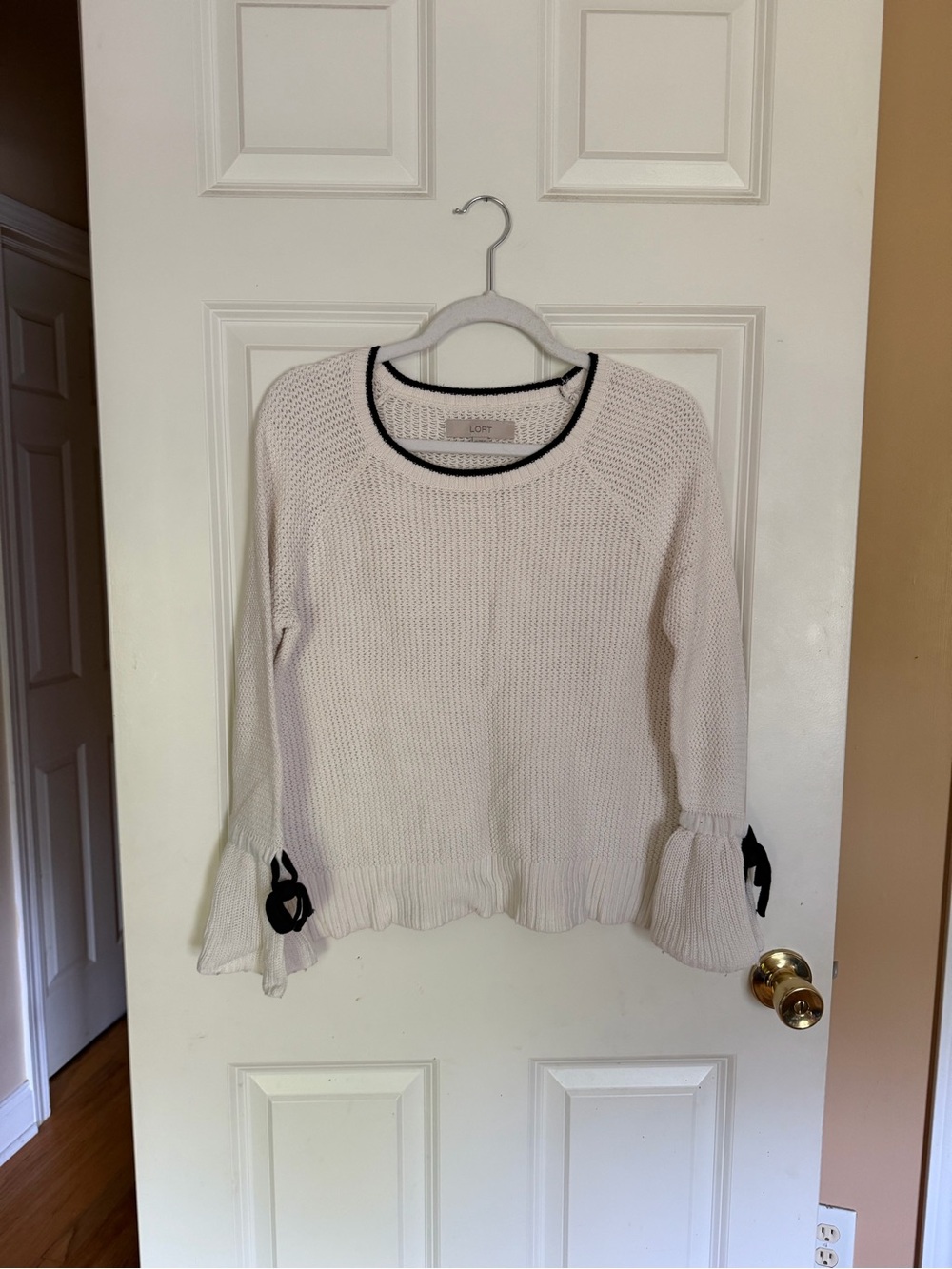 LOFT Cream Knit Crewneck Sweater with Black Trim and Bow Details